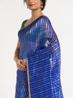 Blue Chanderi Silk Saree with Woven Zari Stripes - Image 4