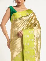 Green Banarasi Handloom Tissue Silk Saree with Woven Zari Weaves, - Image 4