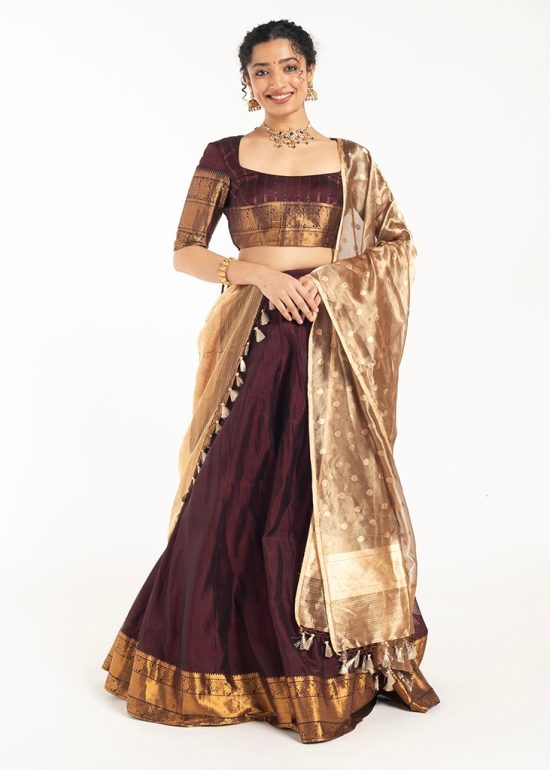 Dark Brown Silk Lehenga Set of 3