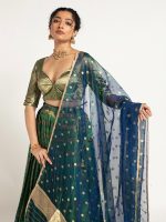 Emerald Green Banarasi Silk Lehenga Set of 3, - Image 5