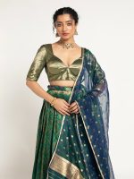 Emerald Green Banarasi Silk Lehenga Set of 3, - Image 4