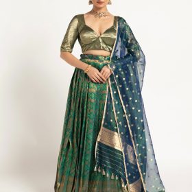 Emerald Green Banarasi Silk Lehenga Set of 3,