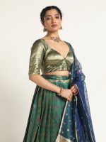 Emerald Green Banarasi Silk Lehenga Set of 3, - Image 3