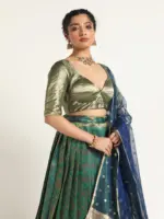 Emerald Green Banarasi Silk Lehenga Set of 3, - Image 3