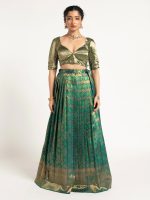 Emerald Green Banarasi Silk Lehenga Set of 2 - Image 5