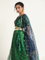 Bottle Green Tissue Silk Lehenga Set Of 3 - Image 6