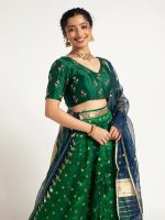 Bottle Green Tissue Silk Lehenga Set Of 3 - Image 5