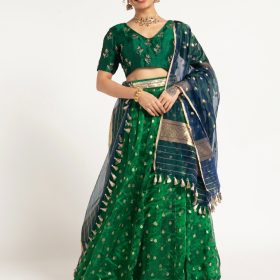 Bottle Green Tissue Silk Lehenga Set Of 3