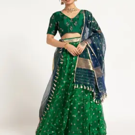 Bottle Green Tissue Silk Lehenga Set Of 3