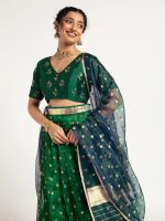 Bottle Green Tissue Silk Lehenga Set Of 3 - Image 2