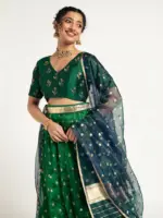 Bottle Green Tissue Silk Lehenga Set Of 3 - Image 2
