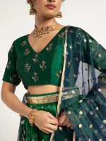 Bottle Green Tissue Silk Lehenga Set Of 3 - Image 4