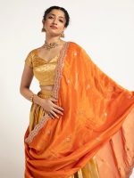 Mustard Yellow Banarasi Silk Lehenga (Set of 3) - Image 5