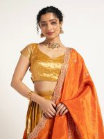 Mustard Yellow Banarasi Silk Lehenga (Set of 3) - Image 4