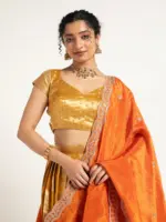 Mustard Yellow Banarasi Silk Lehenga (Set of 3) - Image 4
