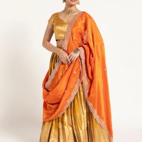 Mustard Yellow Banarasi Silk Lehenga (Set of 3)
