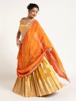 Mustard Yellow Banarasi Silk Lehenga (Set of 3) - Image 3