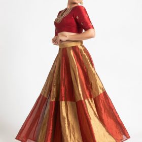 Maroon Embroidered Silk Lehenga ( Set of 2 )