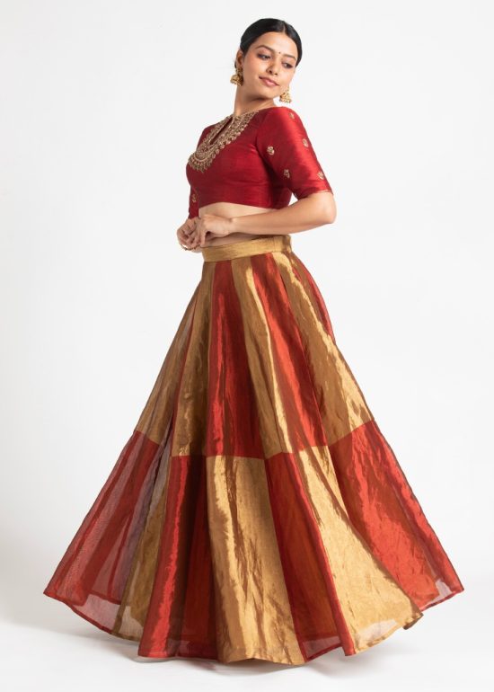 Maroon Embroidered Silk Lehenga ( Set of 2 )