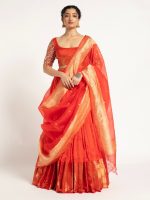 Orange Handloom Silk Lehenga ( Set of 3 )