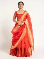 Orange Handloom Silk Lehenga ( Set of 3 )