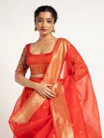 Orange Handloom Silk Lehenga ( Set of 3 ) - Image 4