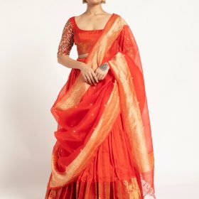 Orange Handloom Silk Lehenga ( Set of 3 )