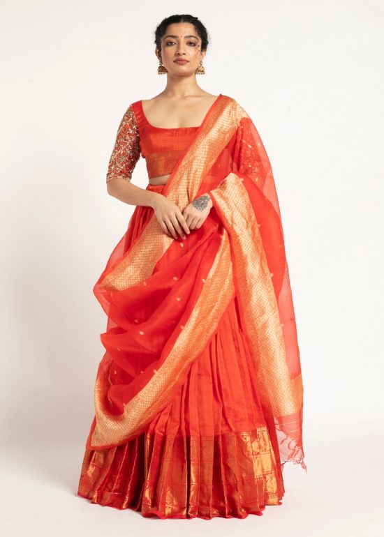 Orange Handloom Silk Lehenga ( Set of 3 )