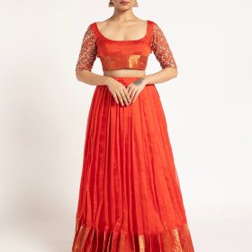 Orange Handloom Silk Lehenga ( Set of 2 )