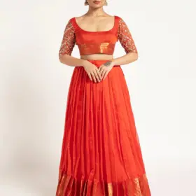 Orange Handloom Silk Lehenga ( Set of 2 )
