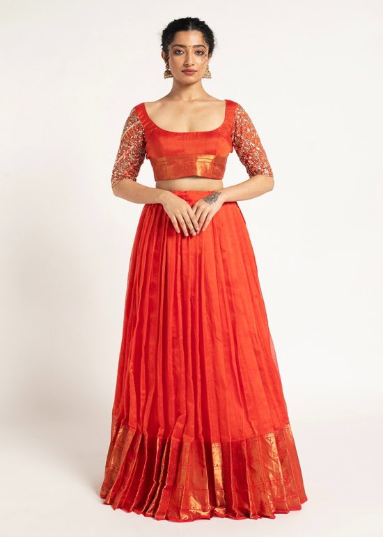 Orange Handloom Silk Lehenga ( Set of 2 )