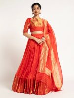 Orange Handloom Silk Lehenga ( Set of 3 )