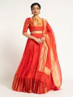 Orange Handloom Silk Lehenga ( Set of 3 )