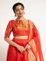 Orange Handloom Silk Lehenga ( Set of 3 ) - Image 4