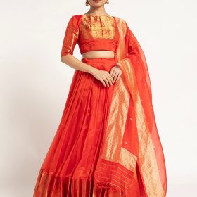 Orange Handloom Silk Lehenga ( Set of 3 )