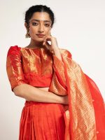 Orange Handloom Silk Lehenga ( Set of 3 ) - Image 3
