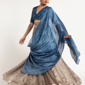 Silver Embroidered Tissue Silk Lehenga ( Set of 3)