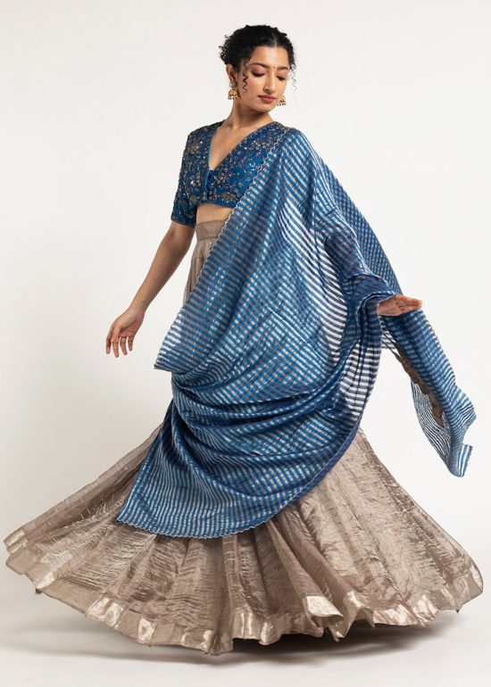 Silver Embroidered Tissue Silk Lehenga ( Set of 3)