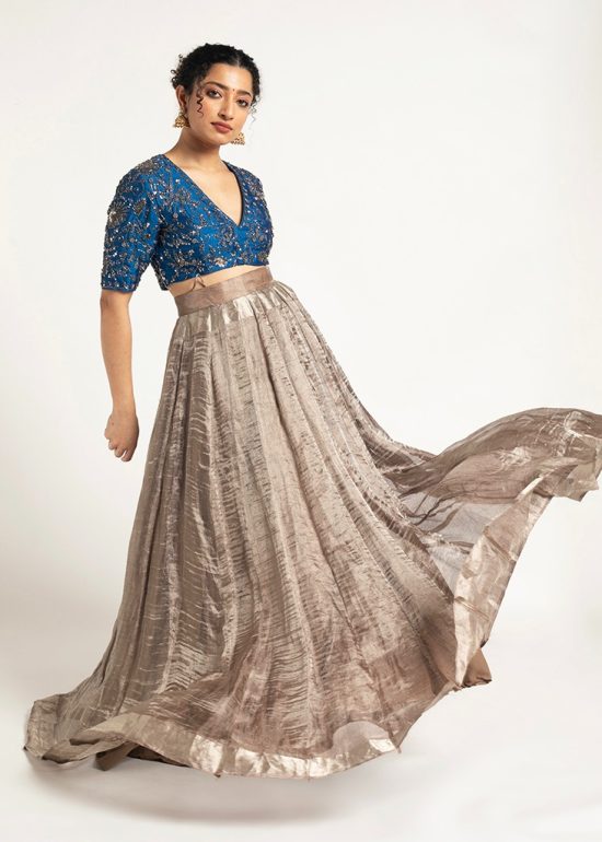 Silver Embroidered Tissue Silk Lehenga ( Set of 2)
