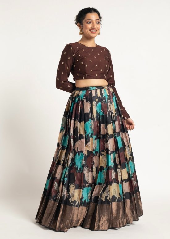 Black Printed Silk Lehenga ( Set of 2)