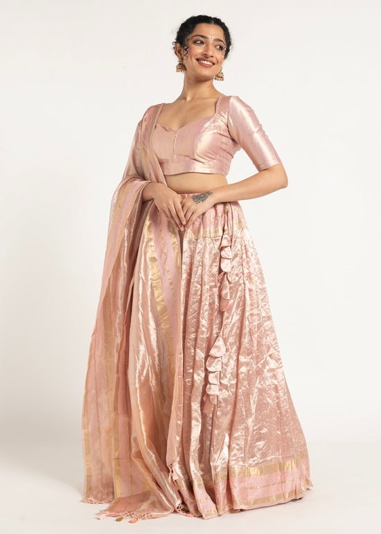 Onion Pink Tissue Silk Lehenga Set Of 3