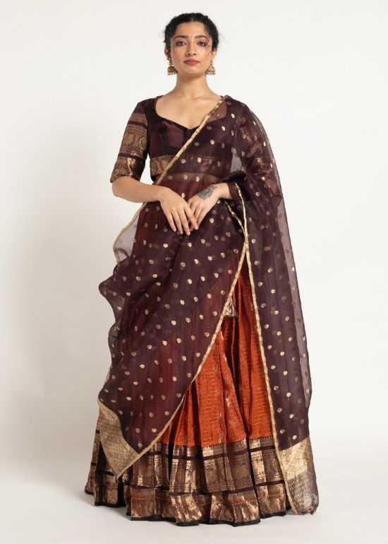 Rust Orange Silk Lehenga ( Set of 3 )