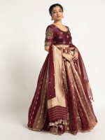 Burgundy Tissue Silk Lehenga ( Set of 3 )