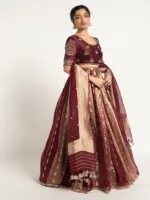 Burgundy Tissue Silk Lehenga ( Set of 3 )