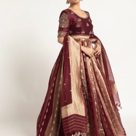 Burgundy Tissue Silk Lehenga ( Set of 3 )