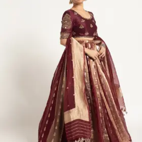 Burgundy Tissue Silk Lehenga ( Set of 3 )