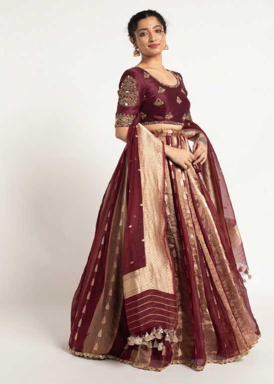 Burgundy Tissue Silk Lehenga ( Set of 3 )