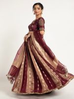 Burgundy Tissue Silk Lehenga ( Set of 3 ) - Image 2
