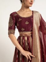 Burgundy Tissue Silk Lehenga ( Set of 3 ) - Image 3