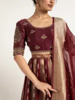 Burgundy Tissue Silk Lehenga ( Set of 3 ) - Image 3